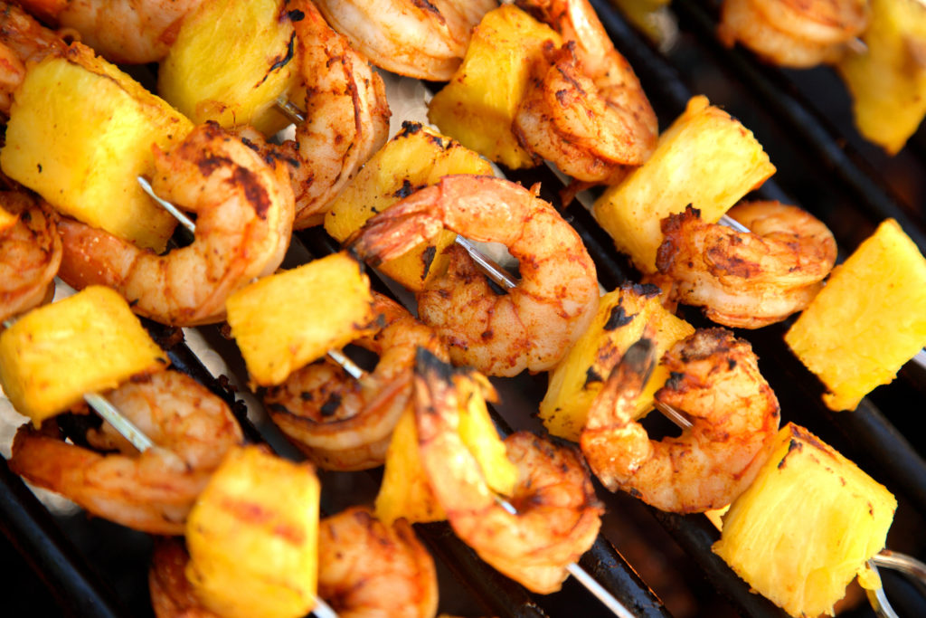 Shrimp, Pineapple and Green Pepper Kebabs with Hot and Sour Dipping Sauce